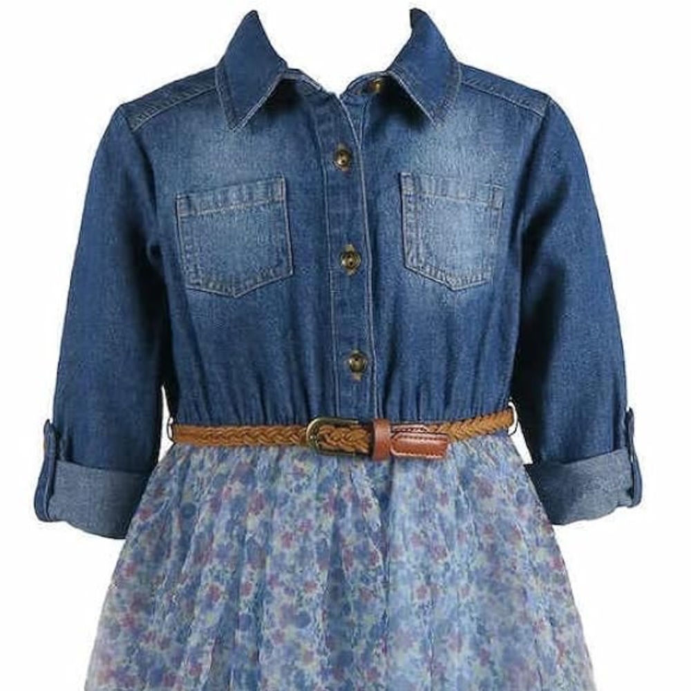 Zunie Girls Dress Blue Denim Top Brown Braided Belt Mesh Floral Skirt